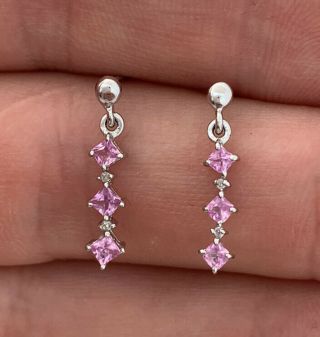9ct White Gold Pink Sapphires & Diamond Drop Dangling Earrings,  9k 375