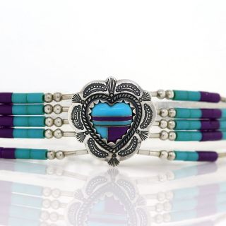 Handmade Native American Turquoise Beaded Purple Heart Inlay Bracelet 7 "
