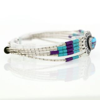 Handmade Native American Turquoise Beaded Purple Heart Inlay Bracelet 7 