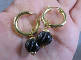 Vintage 14k Yellow Gold Carved Onyx Hollow Hoop Hook Earrings 7 Grams Gs1