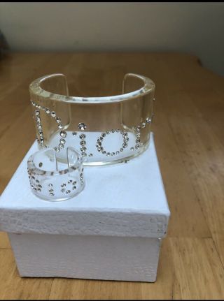 Christian Dior Clear Plastic And Rhinestone Cuff Bracelet And Ring Box