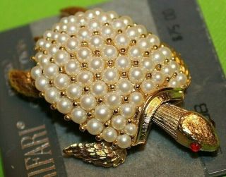 Pristine Crown Trifari 1 3/4 In.  Faux Pearl Red Eyed Turtle Pin With Bobble Head