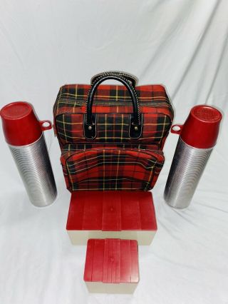 Vintage Aladdin Thermos & Lunch Picnic Set W/ Retro Plaid Carrying Case