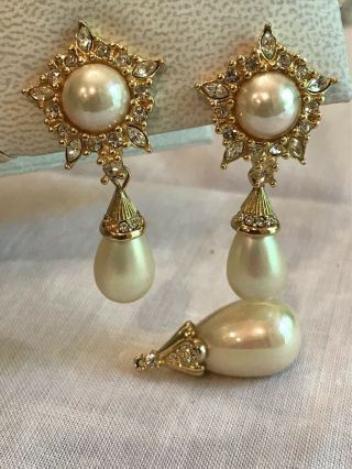 Vintage Christian Dior Germany Signed Clip - On Earrings Rhinestones Faux Pearls