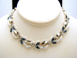 Vintage Crown Trifari Sapphire Blue Marquise Clear Rhinestone Necklace St