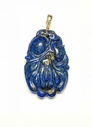 Lapis Pendant Chinese Fruit Carved Royal Blue Lapis Lazuli Pendant Pyrite Polish