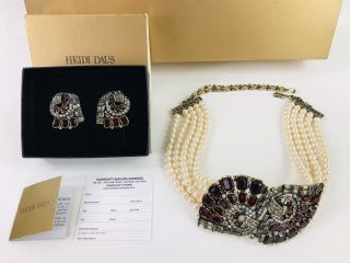 Heidi Daus Siam Swirl 5 Strand Pendant Necklace & Clip On Earrings 40