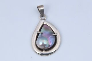 Vintage Sterling Silver Large Abalone Mother Of Pearl Blister Pearl Pendant