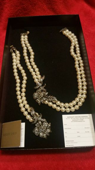 Heidi Daus 2 Strand Pearl Necklace With Crystal Flower Pendant/ Bracelet Set