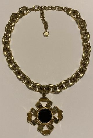 Vintage Givenchy Gold Tone Jet Black Glass Rosette Pendant Chunky Chain Necklace