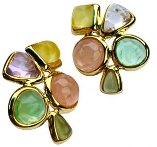Vtg Joan Rivers Signed Gold Poured Glass Gripoix Pastel Earrings Runway - 3