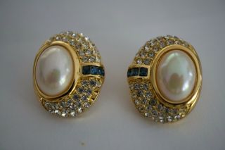 Vintage Christian Dior Clip On Earrings Blue Sapphire Pave Rhinestone Faux Pearl