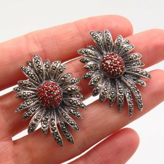 925 Sterling Silver Vintage Real Red Jasper & Marcasite Gem Clip On Earrings