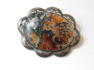 British Vintage Black Red Moss Agate Stone Sterling Silver Brooch Pin 1h 80
