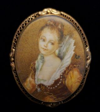 Antique,  Hand Painted,  1900s Lady,  Brooch,  Pin,  Gold Plated,  Silver