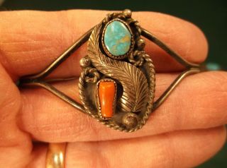 Vtg Ladies Sterling Silver,  Blue Turquoise & Red Coral Cuff Bracelet