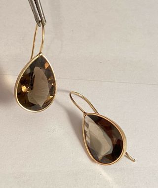Lovely Vintage Solid 14k Yellow Gold Smokey Quartz Dangle Earrings 4.  4g