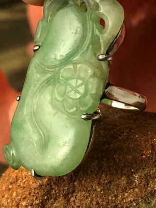 Vintage chinese sterling 32x16mm carved jade adjustable s5.  5 ring JL 101120aB@ 3