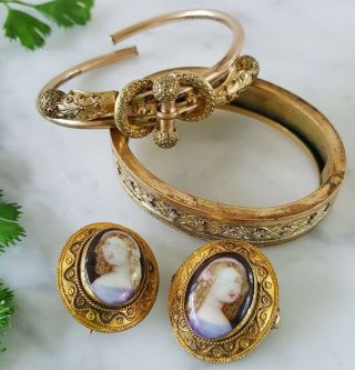 Antique Victorian Etruscan Yellow Gold Filled Bracelets And Portrait Pins