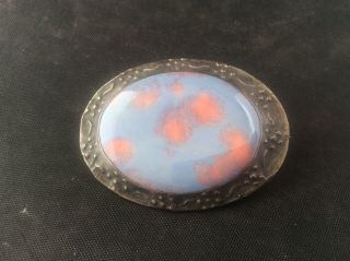 Antique Arts & Crafts Pewter Brooch Blue Pink Ruskin High Fired Cabochon