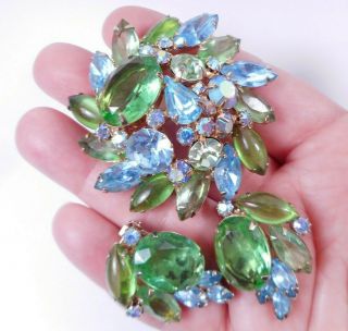 Vtg Signed Alice Caviness Blue Green Glass Rhinestone Brooch Earrings Set