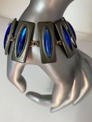 Vtg Jorgen Jensen Pewter Bracelet Denmark Mid Century 1960s Blue Glass Cabs