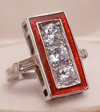True Vintage Art Deco Diamond Red Enamel Cocktail Ring 925 Sterling Silver Sz 6