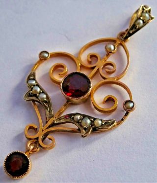 Victorian Solid 9ct Gold Pendant Set With Garnets & Seed Pearls