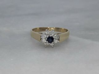 Vintage 1984 Solid 9ct Yellow White Gold Cluster Ring Sapphire 0.  24ct Diamond N