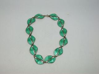 Vintage David Andersen Norway Sterling Enamel Green Leaf Necklace