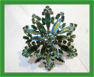 Sherman Emerald Green & Green Ab - Floral Capped Snowflake Cluster Brooch Nr