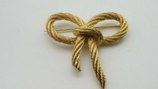 Vintage Christian Dior Signed Textured Rope Bow Ties Gold Tone Brooch Pin