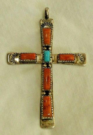 Jay King Dtr Sterling Silver Cross With Coral And Turquoise Pendant