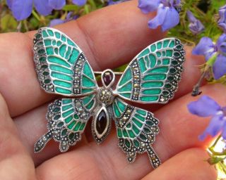 Sterling Silver 925 Green Enamel Garnet Marcasite Butterfly Pin Brooch