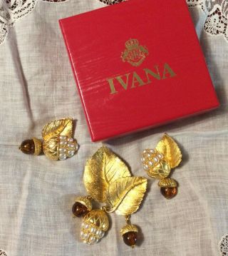 Ivana Trump Nib Leaf Acorns Pin/pendant & Earrings Gold Tone Faux Pearls,  Beads