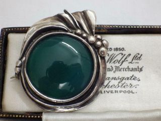 Vintage Sterling Silver & Green Chrysoprase Art Nouveau Brooch Pin Mark Sil 925