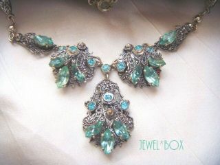Antique Art Deco Bohemian Czech Filigree Aqua Crystal Drop Vintage Necklace