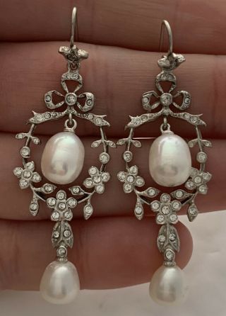 Solid Silver Large Cultured Pearl Art Nouveau Design Drop Dangling Earrings,  925