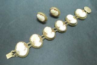 Vintage Hand Carved Cameo Shell Bracelet And Earrings Set 7 "