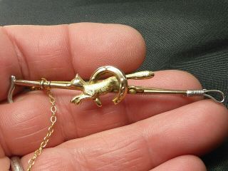 Antique Vintage 9ct Gold & Silver Fox Hunting Whip Crop Brooch Stock Pin