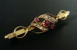 Antique Edwardian 9ct Gold Brooch Set With Seed Pearls And Rubies Hallmark 1907