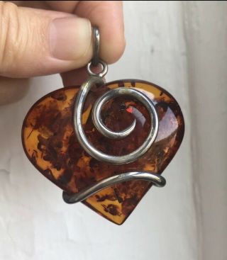Vintage Large Silver Amber Puffed Heart Pendant