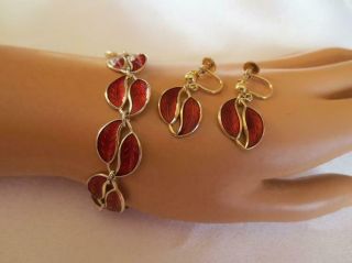 David - Andersen Norway Sterling Silver & Red Enamel Bracelet & Earrings 15 - 901