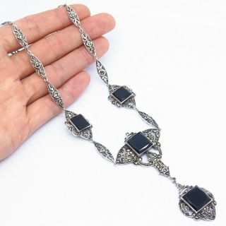 Antique Art Deco Germany Sterling Silver Black Onyx Marcasite Chain Necklace 16 "