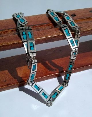 Vtg Sterling Silver Panel Link Necklace W/ Crushed Turquoise Inlay Tribal Design