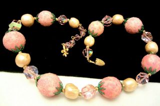 Rare Vintage 18 " X3/4 " Signed Vendome Pink Wedding Cake Crystal Bead Necklace A23