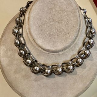 Vintage Danecraft Sterling Silver Chain Link Wave & Balls Art Deco 17” Necklace