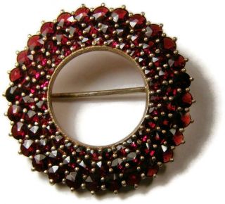Antique Art Nouveau Bohemian Garnet Gold Circle Pin Brooch W Rose Cut Garnets