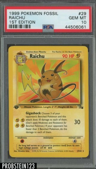1999 Pokemon Fossil 29 1st Edition Raichu Psa 10 Gem