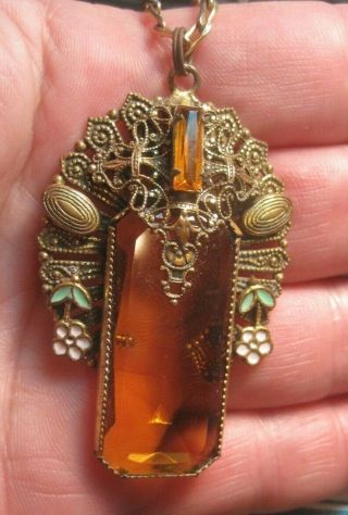 Vintage Art Deco Czech? Filigree Enamel Amber Gold Glass Pendant Necklace